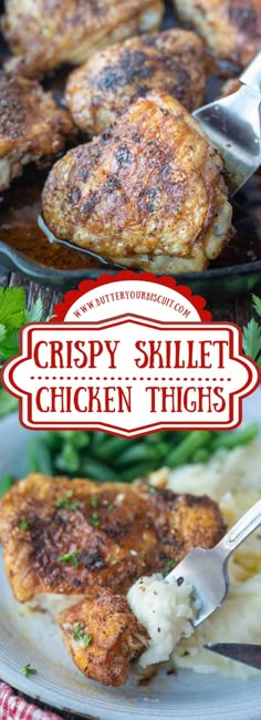 crispy skillet chicken thighs on a plate with mashed potatoes and parsley