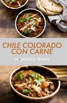 two bowls of chili con carne with tortillas on the side