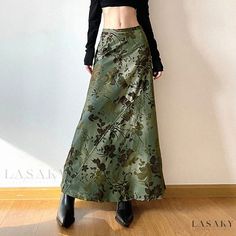 Lasaky - Vintage Printed Green Low Waist Midi Skirt - Stylish Loose Fit Casual Letter Printed Skirt Midi Skirt Y2k, Preppy Fabric, Midi Skirt Pattern, Vintage Flower Prints, Ankle Length Skirt, Vintage Preppy, Floral Maxi Skirt