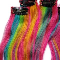 Vibrantly Dimensional, These Pieces Pack A Vibrant Pink Punch With Mixed Rainbow Colors The Details: 4 Piece Set Each Piece Is About 1.5" Wide Double Drawn 100% Remy Human Hair -Meaning They Not Only Look Like Real Hair, They Are Real Hair And Can Be Heat Styled, Cut And Color As You Could With Your Own Natural Hair. 8 Inches Long Add Color To Your Hair Without Damaging Chemicals And Upkeep Or Commitment To Any Colors! Also Add Volume To Your Hair As These Are Double Drawn, Remy Human Hair Exten Add Volume To Your Hair, Brown Pixie Cut, Short Black Wigs, Colored Hair Extensions, Black Hair Extensions, Pink Punch, Human Hair Clip Ins, Hair Tape, Messy Bun Hairstyles