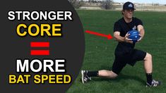 a man kneeling down holding a blue ball in his right hand with the words,'strong core = more bat speed '