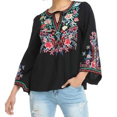 Black Floral Embroidered Long Sleeve Blouse Boho V Neck Tunic Top Cottagecore Bohemian Flowy Top Embrace The Perfect Union Of Classic Beauty And Contemporary Trends With This Gorgeous Embroidered Tunic Top. This Captivating Piece Showcases Intricate Floral Embroidery, Striking The Perfect Balance Between Romance And Sophistication. Keyhole, V-Neckline And Long Sleeves Add A Touch Of Allure, While The Flowy Silhouette Provides A Flattering Fit. Add Some Personality To Your Look With This Stunning Black V-neck Blouse With Floral Embroidery, Black Embroidered Tops For Summer, Black Tops With Intricate Embroidery For Summer, Black Summer Tops With Intricate Embroidery, Black Embroidered Top For Spring, Black Top With Intricate Embroidery, Casual Black Blouse With Floral Embroidery, Black Tops With Embroidered Hem For Fall, Bohemian Black Tops With Embroidered Neckline