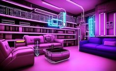 a living room filled with purple furniture and neon lights