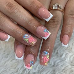 Multicoloured Nails, Builder Gel Nails, Hard Nails, French Tip Acrylic Nails, Acrylic Nails Coffin Pink