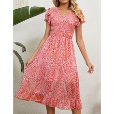 Red V Neck Pleated Chiffon Floral Dress Chiffon Floral Dress, Floral Chiffon Dress, Chiffon Floral, Pleated Chiffon, Dresses Floral, Floral Chiffon, Floral Dresses, Women Dresses, Floral Dress