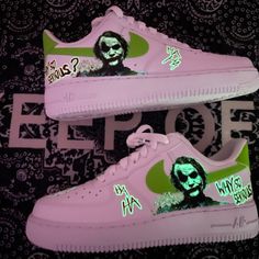 White And Joker Green Air Force Ones That Also Glow In The Dark. They Are A Size 7.5 Youth Which Is Equivalent To A 5.5 Women Green Air Force, Dark Sneakers, Swag Clothes, Birthday Shoes, Air Shoes, Custom Kicks, Shoes Ideas, Nike Air Shoes