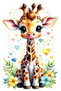 a baby giraffe sitting on top of a white floor next to flowers and hearts