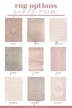 rug options for different rooms in pink and white colors, with the words rug options on it