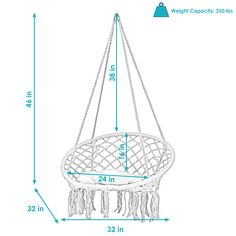 a white hanging basket with fringes on the bottom and measurements for each item in it