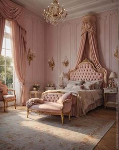 an elegant bedroom with pink walls and curtains