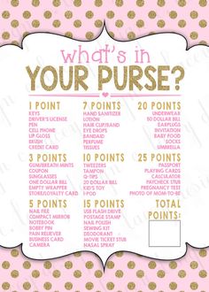 what's in your purse? with pink and gold polka dots on the background