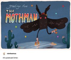 an image of a cartoon character flying through the air with text reading greetings from the mothman it's postcard time