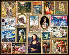 a painting with many pictures on it and one is in the middle of an image