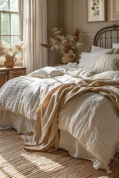 an unmade bed with white linens in a bedroom next to a table and window