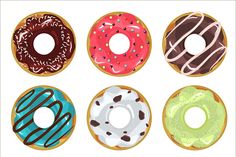 six donuts with different frosting and sprinkles