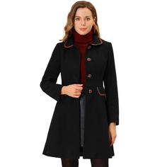 This unique coat has a plaid pattern for the collar contrast trim and button, which brings a cute and stylish feeling. Cut to a single-breasted, timeless A-Line silhouette with a sweet Peter pan collar, it's a layer that will carry you from work to weekend seamlessly. The thick fabric forms this chic coat with a peter pan collar with contrast trim, button closure, and long sleeves that will keep you warm in winter. Simple pair with sophisticated clutch bags and chic high-heeled shoes for an eleg Winter Long Coat, Light Denim Jacket, Winter Overcoat, Best Winter Coats, Chic Coat, Long Winter Coats, Wool Peacoat, Woolen Coat, Coat Black