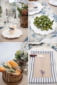 there are four pictures of different foods on the table, including oranges and grapes