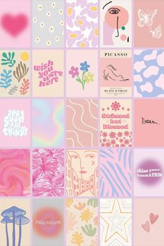 many different types of cards with flowers and hearts on them, all in pastel colors