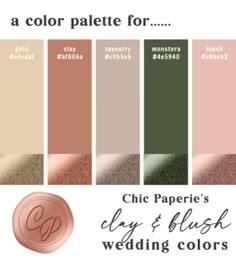 the color palette for chic paperie's clay and blush wedding colors is shown