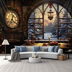 a living room decorated for christmas with large windows