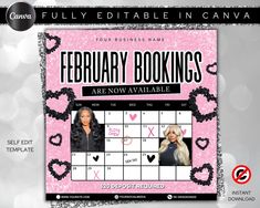 a pink and black calendar with two women in hearts on it, the date is feb 29th