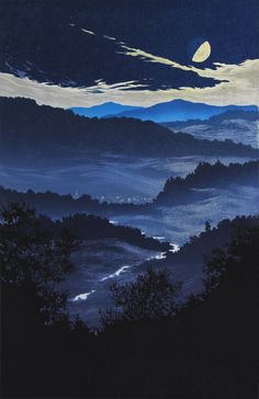 a painting of mountains and trees with the moon in the sky above them at night