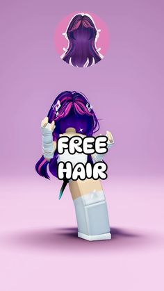 a girl with purple hair has the words free hair above her head