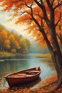 a painting of a boat sitting on the shore of a lake surrounded by autumn leaves