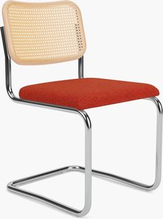 a chair with a red seat and chrome frame, viewed from the front angle on a white background