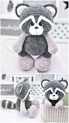 crocheted raccoon stuffed animal sitting on top of a basket with other pictures