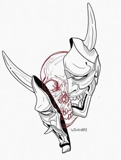 a drawing of a demon with a skull on it's face and two swords in its mouth