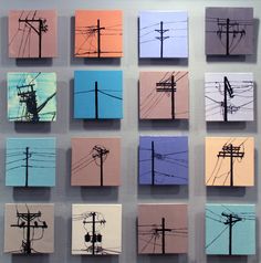 nine square paintings with telephone poles and wires on them