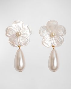 "Find JENNIFER BEHR Petronella Pearl Flower Earrings on Editorialist. Jennifer Behr handcarved earrings Approx. 2\"L 24karat goldplated brass Naturallyhued, cultured freshwater motherofpearl flower paired with a pearl drop For pierced ears Wipe clean Made in USA" Pearl Flower Earrings, Jennifer Behr, Pearl Flower, Pretty Jewellery, Pearl Drop