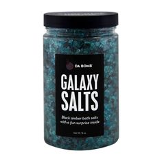 Clear plastic jar filled with black, blue and purple bath salt that smells like black amber. Each jar contains a fun surprise. Bath Salt Jars, Salt Jar, Neutrogena Makeup Remover, Salt Block, Magnesium Carbonate, Black Bath, Sls Free Products, Bath Soak