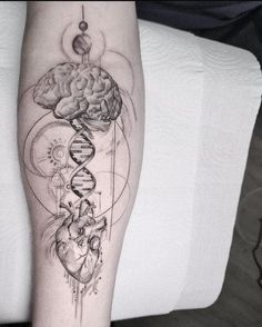 a person with a tattoo on their leg that has an image of a human brain