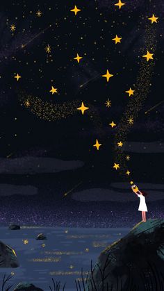 a girl looking up at the stars in the sky