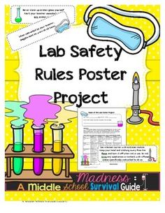 the lab safety rules poster project is shown in yellow and blue with an image of test tubes