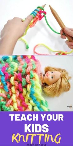 two pictures with the words teach your kids to knit and crochet on them