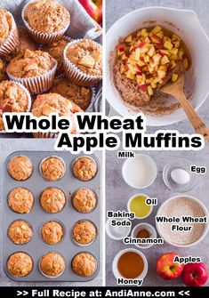 whole wheat and apple muffins recipe collage with instructions for making them in the kitchen