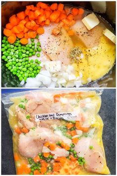 two pictures showing different types of food in the same pan, one with chicken and carrots