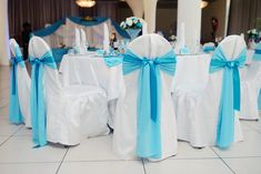 $3.09 | Quantity: 5 Chair Sashes | Material: Polyester | Color: Turquoise | Size: 6" wide x 108" long | Edges are serged to form an elegant look when tied into bow form. White Setup, Royal Blue Wedding Decorations, Turquoise Chair, Event Decor Ideas, Long Edges, Party Decorations Table, White Chair Covers, Baby Blue Weddings