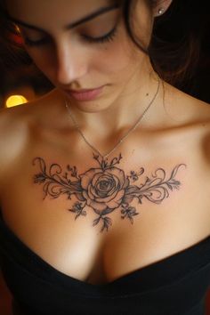 a woman with a rose tattoo on her chest