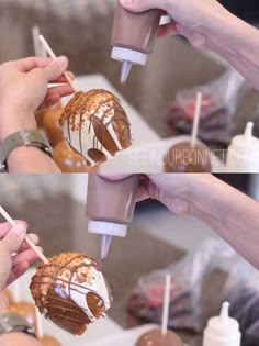 three people are eating chocolate covered donuts with marshmallows and toppings