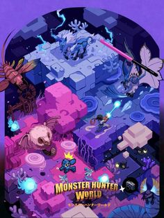 the poster for monster hunter world is shown in purple and blue tones, with an image of