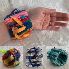 there are four pictures of small crocheted items in different colors and sizes, including a baby's diaper