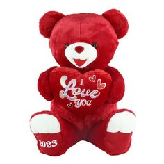 a red teddy bear with i love you written on it's chest and heart