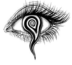 an eye with swirls and spirals on the iris, drawn in black ink