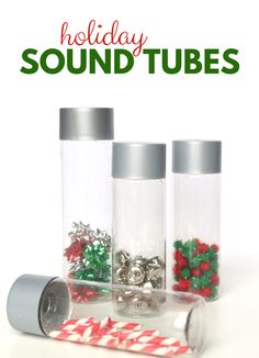 three glass jars with candy canes and bells in them on a white background text reads holiday sound tubes