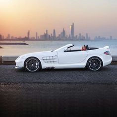 a white sports car is parked in front of the water and a cityscape