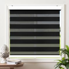 a window with black and grey blinds in front of a plant on a table next to a potted plant